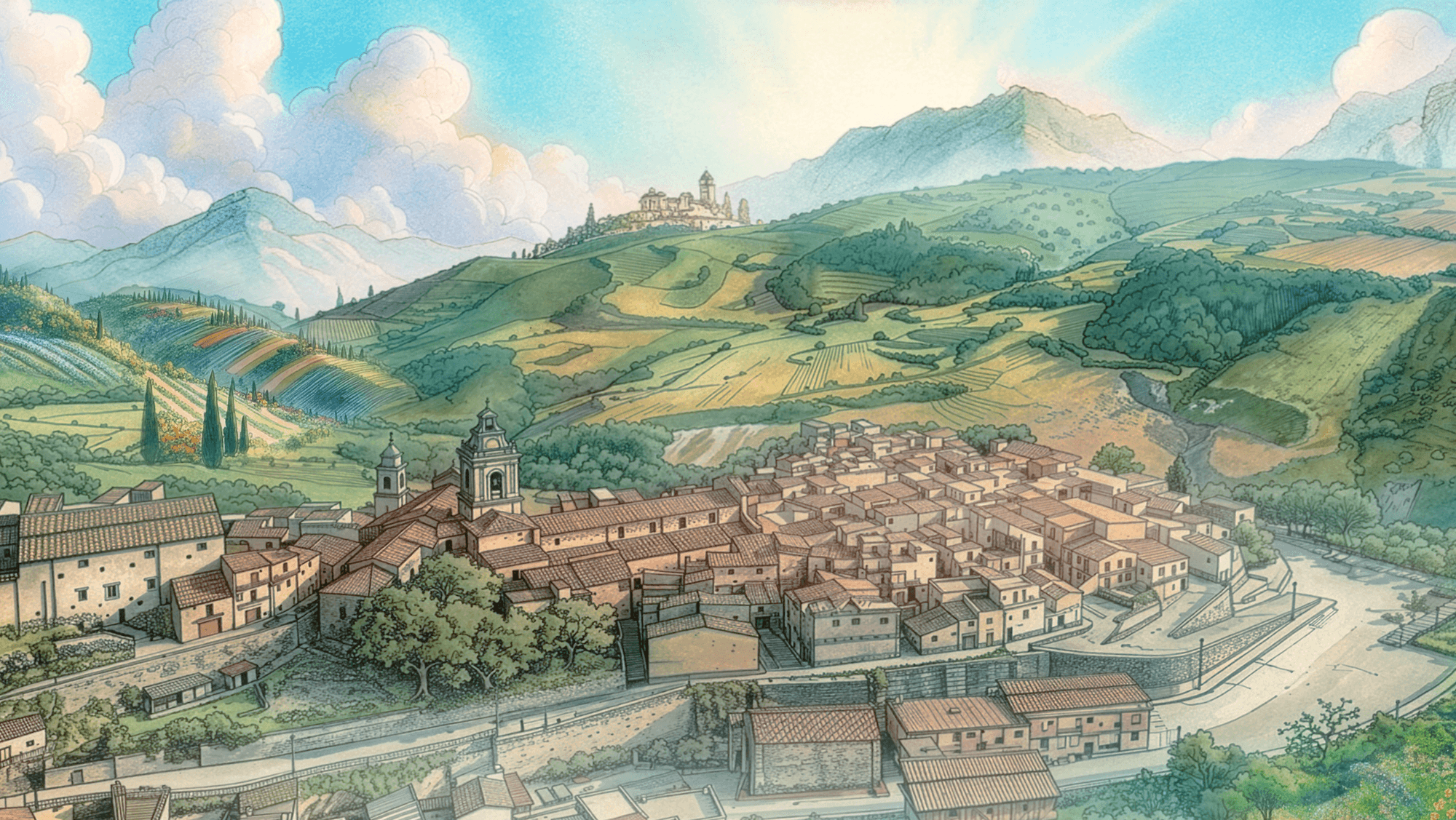 Mappa illustrata del paese di Vizzini con le tappe del museo